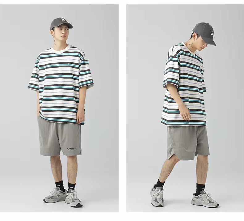 Men&rsquo;s man mens petite-, tall-, plus-, size Japanese-style clothing. Trendy retro color-blocked striped loose-fitting versatile short half sleeves with drop shoulder embroidered graphic logo crewneck, Summer Crew Neck Loose Street Fashion Breathable embroidery round O-neck Casual Pullover T-Shirt Tops T-Shirts in blue with multi accent color