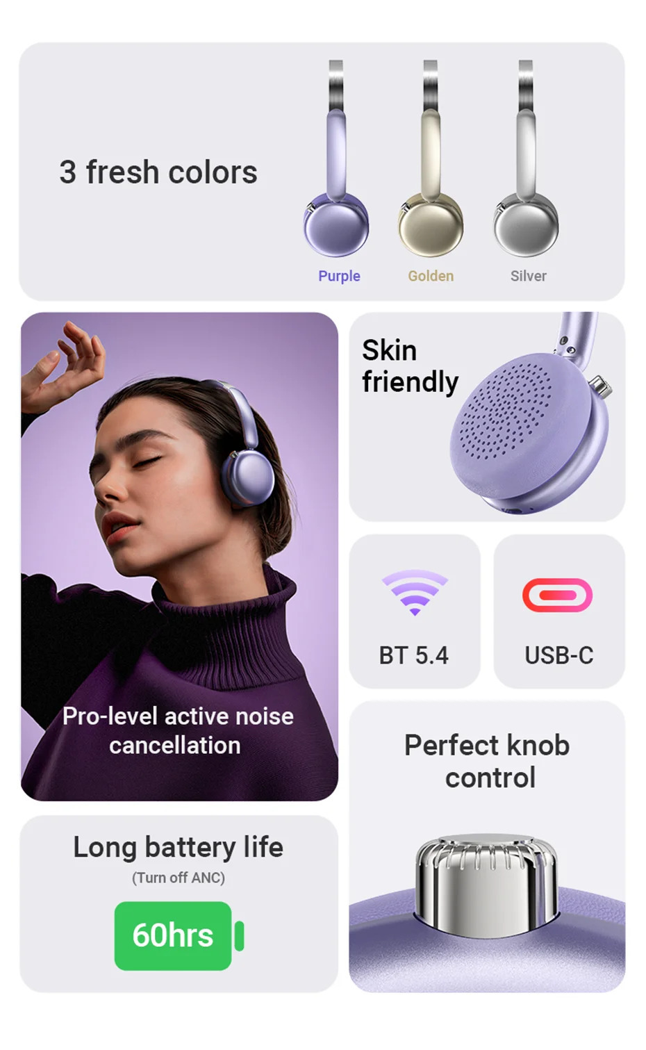 ACEFAST H8 Active Noise Cancelling Wireless Bluetooth 5.4 Headphones 30dB Hybrid Noise Reduction HiFi Stereo ANC Music Headsets in Purple