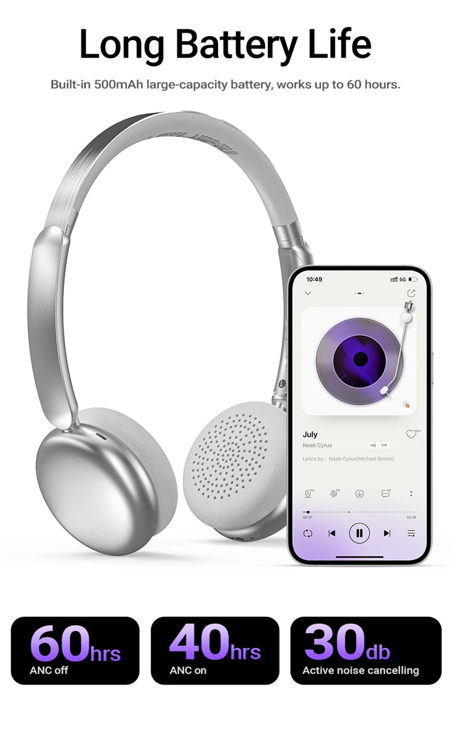 ACEFAST H8 Active Noise Cancelling Wireless Bluetooth 5.4 Headphones 30dB Hybrid Noise Reduction HiFi Stereo ANC Music Headsets in Purple