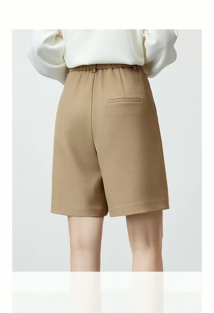 Casual Short Pants khaki   Women’s knee length pleated zipper latch close high rise elastic waist Pant with leather belt and slant pockets  and back slit slant pocket for woman Office Lady womens wfh workwear petite-, tall-, plus-, size closure straight loose fit Fashion Trousers tan light brown pleats shorts #143K55653