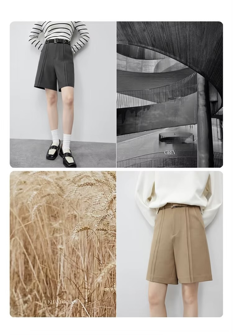 Casual Short Pants   Women’s knee length pleated zipper latch close high rise elastic waist Pant with leather belt and slant pockets  for woman in khaki womens Office Lady wfh workwear petite-, tall-, plus-, size closure straight loose fit Fashion pleats shorts Trousers tan light brown and Gray grey #143K55653