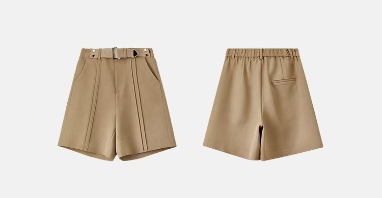 Casual Short Pants khaki   Women’s knee length pleated zipper latch close high rise elastic waist Pant with leather belt and slant pockets  and back slit slant pocket for woman Office Lady womens wfh workwear petite-, tall-, plus-, size closure straight loose fit Fashion Trousers tan light brown pleats shorts #143K55653