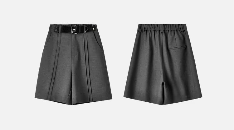 Casual Short Pants   Women’s knee length pleated zipper latch close high rise elastic waist Pant with leather belt and slant pockets  for woman in Gray womens Office Lady wfh workwear petite-, tall-, plus-, size closure straight loose fit Fashion Trousers grey pleats shorts #143K55653