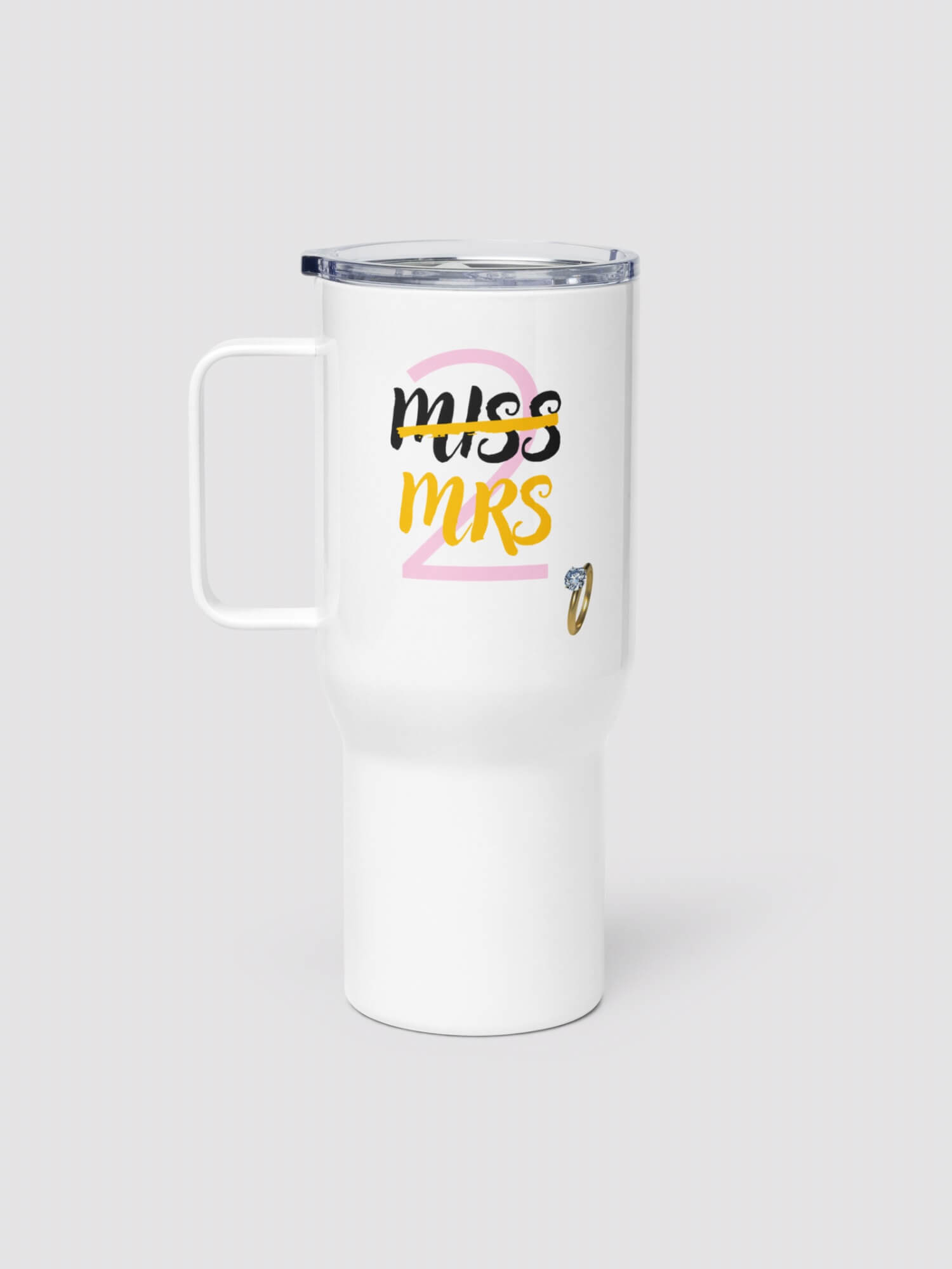 Engagement Travel Mug    with handle and lid Stainless steel Outdoors Fitness Sports Activewear Marriage Wedding gifts Mugs Gifting party celebration Drinks containers in white with multi color MISS 2 (to) MRS letter design and gold diamond ring