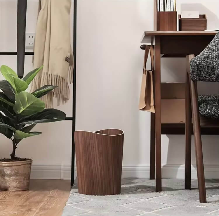 Garbage Can Waste Solid Wood Wastebasket Home Cleaning Tools Round Trash Office home Storage Baskets Bins 9L In dark brown natural  wood