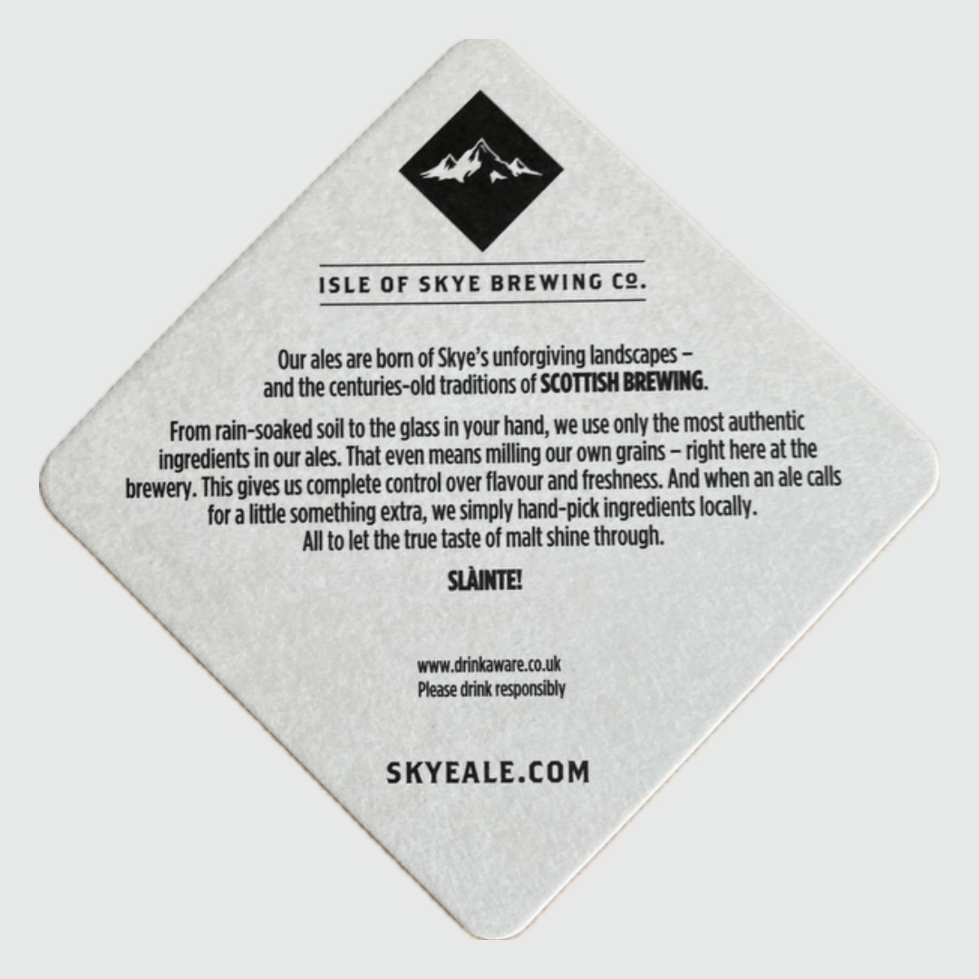 Skye Ale Drinks Coaster    LEANN AN EILEIN Scottish ISLE OF SKYE BREWING CO. Table Drinkware accessory Vintage Beer Mat Drinkware Paper cardboard Coasters Collection Barware beermat accessories mats  British Pub UK Nightclub Clubs Restaurants Bar Collectors United Kingdom Scotland U.K. Classic Expressions collectors antique SLAINTE!