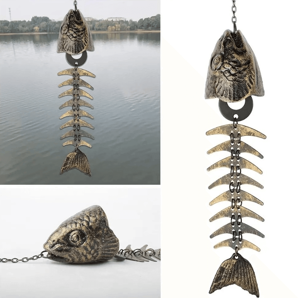 Vintage Iron metal Fish Skeleton Windchime Cast Iron Fish Bone Metal Wind Chimes for Outdoor Garden Decor Melody for Home entryway, Yard, Porch B9S5 copper bronze color
