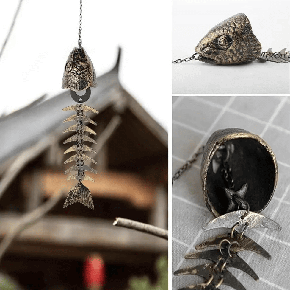 Vintage Iron metal Fish Skeleton Windchime Cast Iron Fish Bone Metal Wind Chimes for Outdoor Garden Decor Melody for Home entryway, Yard, Porch B9S5 copper bronze color