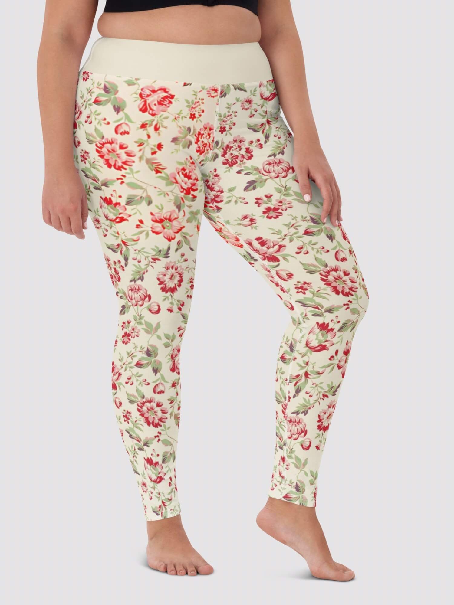 High Rise Full Leg Leggings  Women’s floral design soft microfiber yarn excellent UPF 50+ sun protection hand-sewn sports fitness workout pants for woman Flowers pattern petite-, tall-, plus-, size gym yoga activewear red green rose petal cream sportswear