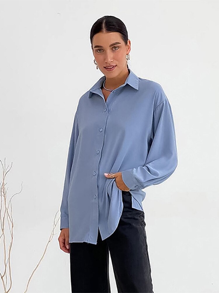 Chiffon Shirt  Women’s Fashion Solid Lapel Button Lady Elegant Single Breasted Long Sleeve Shirts for Woman in Blue