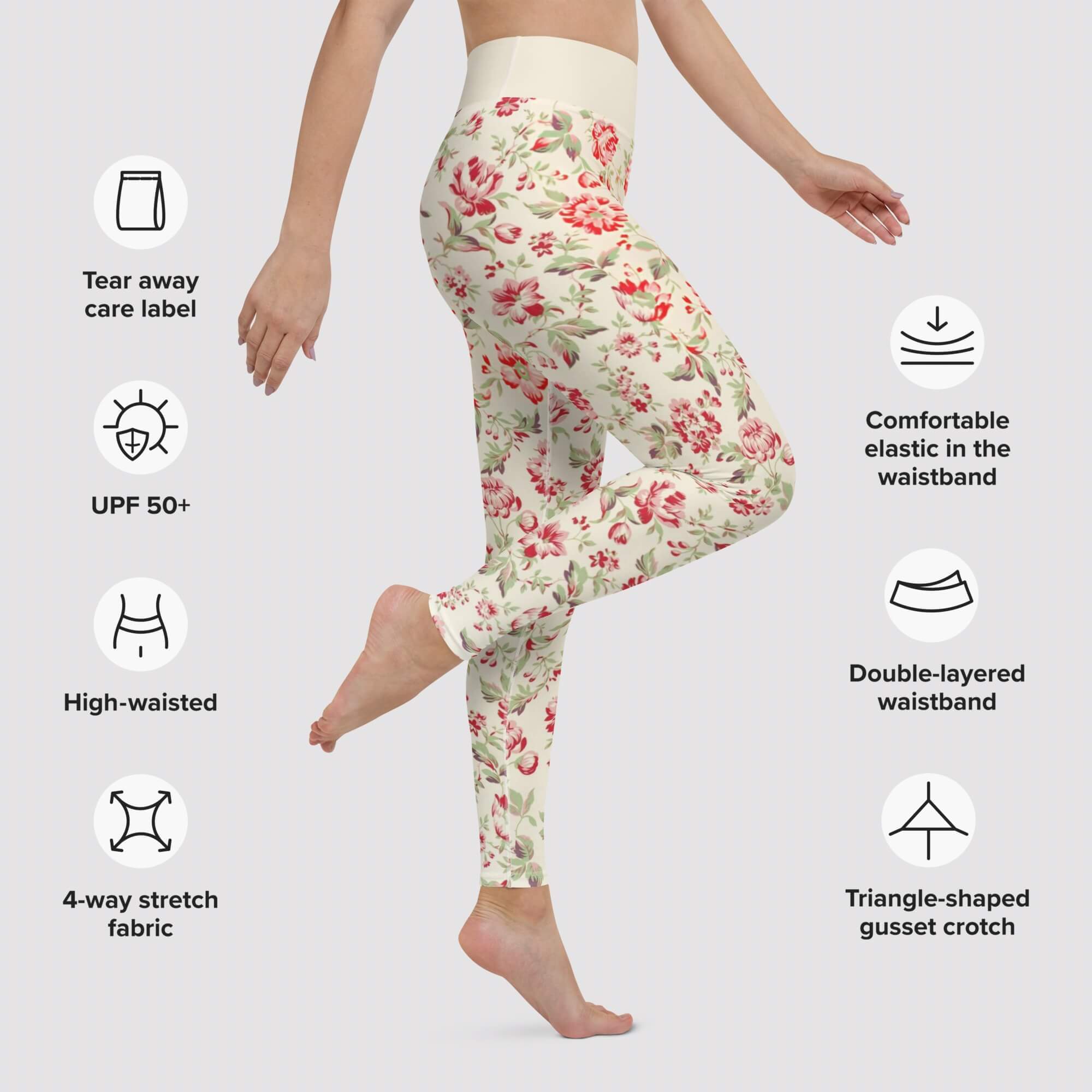 High Rise Full Leg Leggings  Women’s floral design soft microfiber yarn excellent UPF 50+ sun protection hand-sewn sports fitness workout pants for woman Flowers pattern petite-, tall-, plus-, size gym yoga activewear red green rose petal cream sportswear