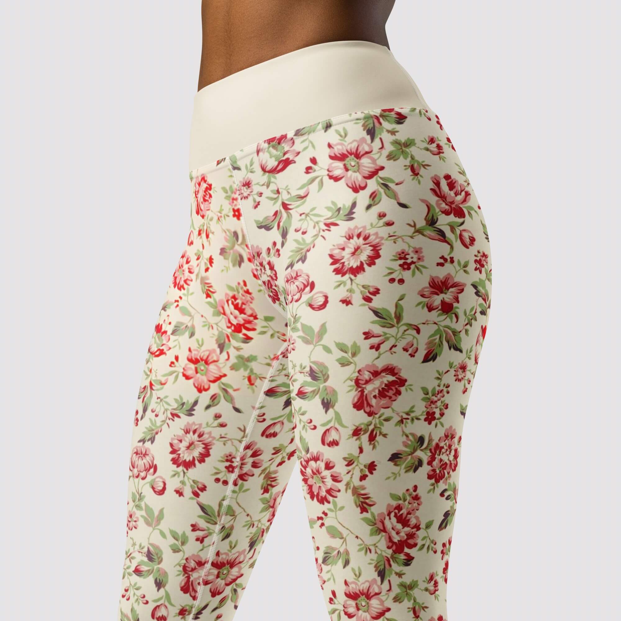 High Rise Full Leg Leggings  Women’s floral design soft microfiber yarn excellent UPF 50+ sun protection hand-sewn sports fitness workout pants for woman Flowers pattern petite-, tall-, plus-, size gym yoga activewear red green rose petal cream sportswear