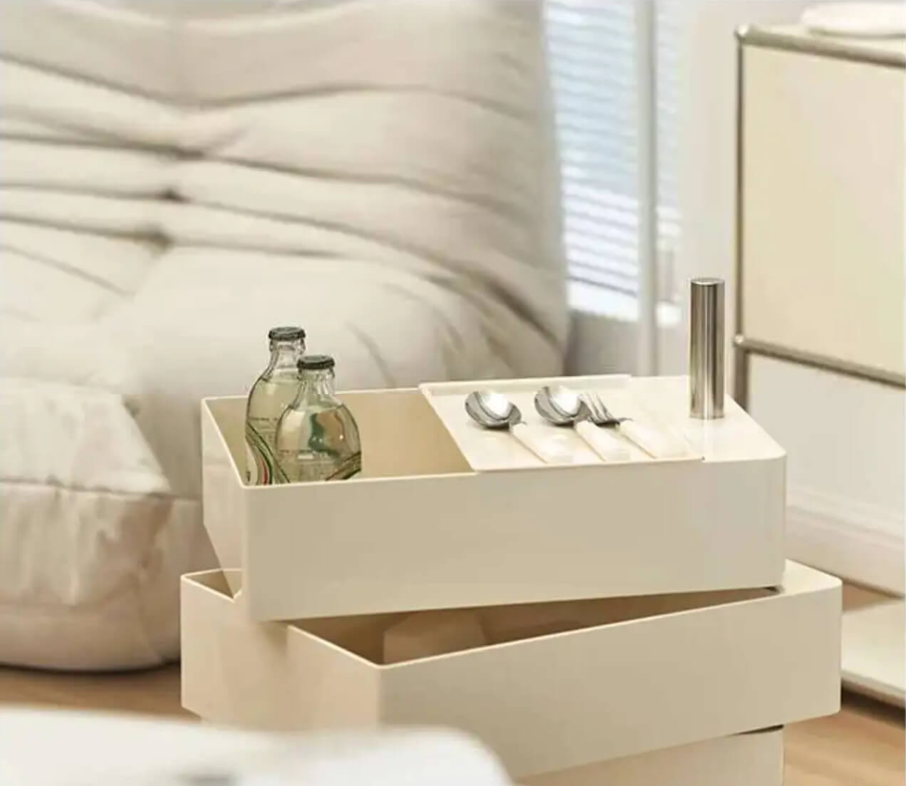Home Living Room Bedroom 360° Container storage drawers Cosmetic organizers Movable rotating drawers storage cabinet with 360° degree castor wheels Bedside side Table Cabinets in beige-cream