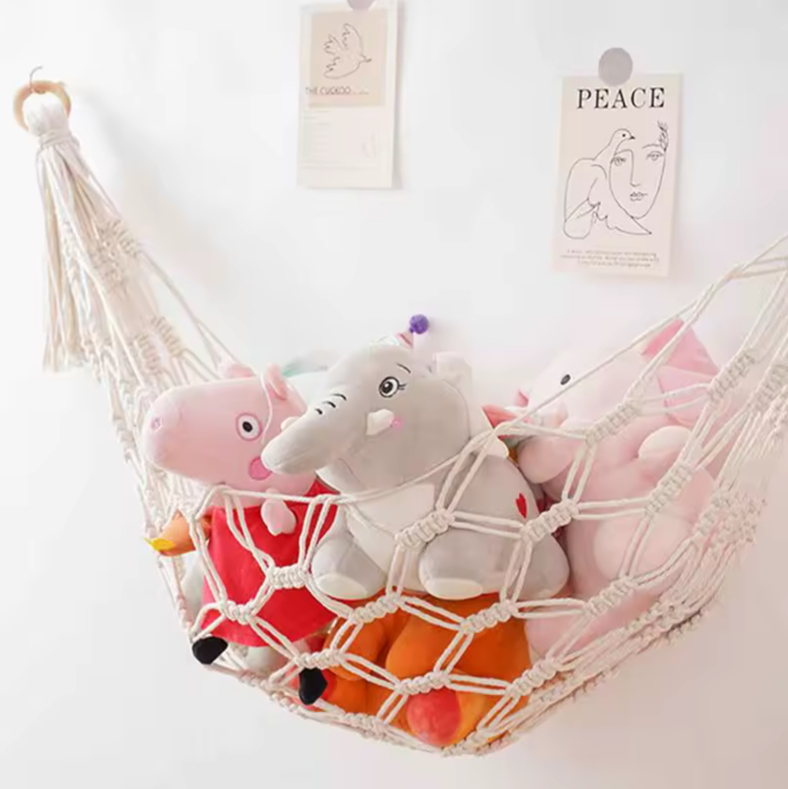 Boho Bohemia Net Organizer With Hooks Bohemian Stuffed Animal Nursery Kids Bedroom Large Capacity Mesh Space Saving Playroom Triangle Toy Hammock Natural beige wall hanging hammocks
