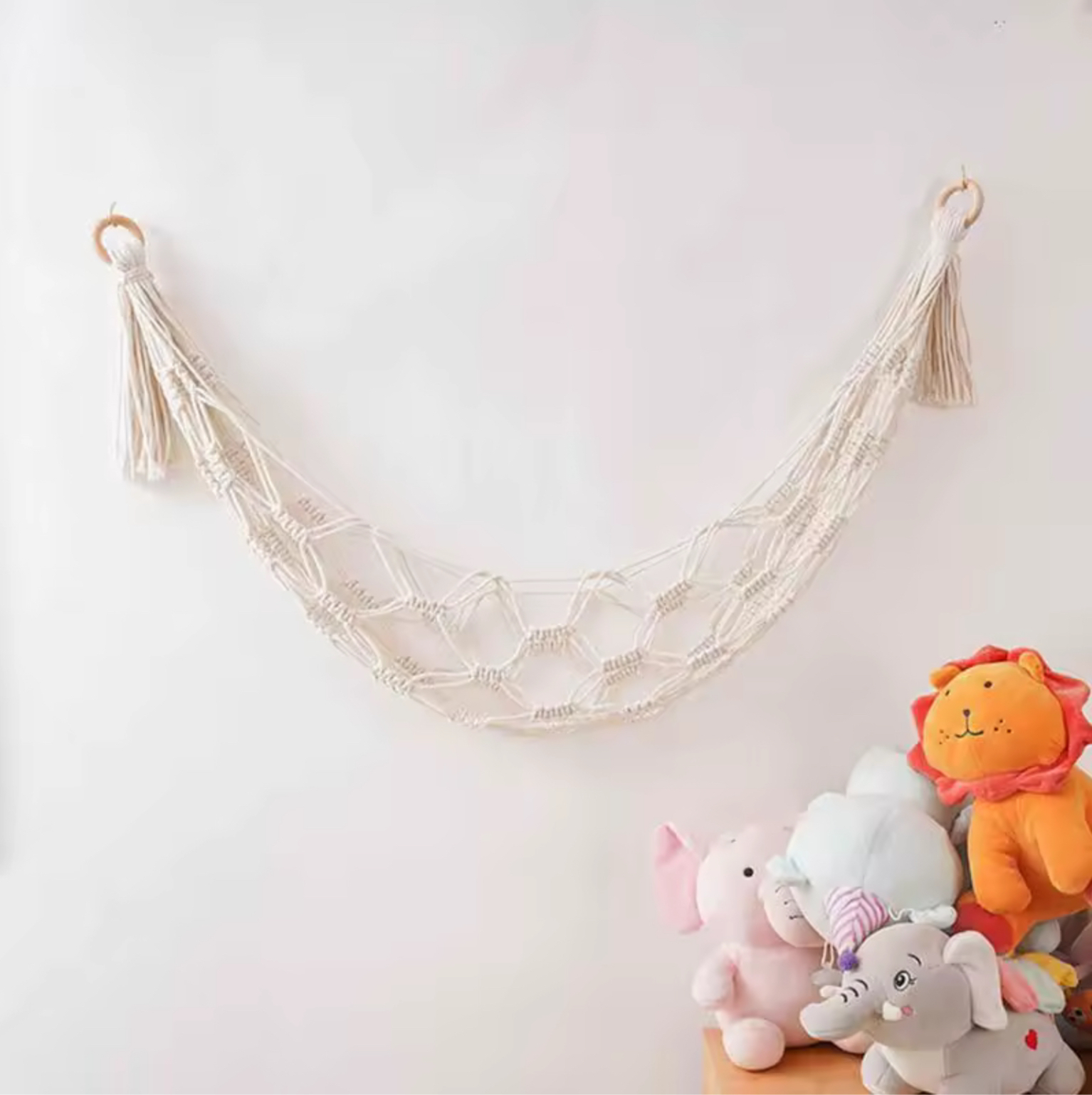 Boho Bohemia Net Organizer With Hooks Bohemian Stuffed Animal Nursery Kids Bedroom Large Capacity Mesh Space Saving Playroom Triangle Toy Hammock Natural beige wall hanging hammocks