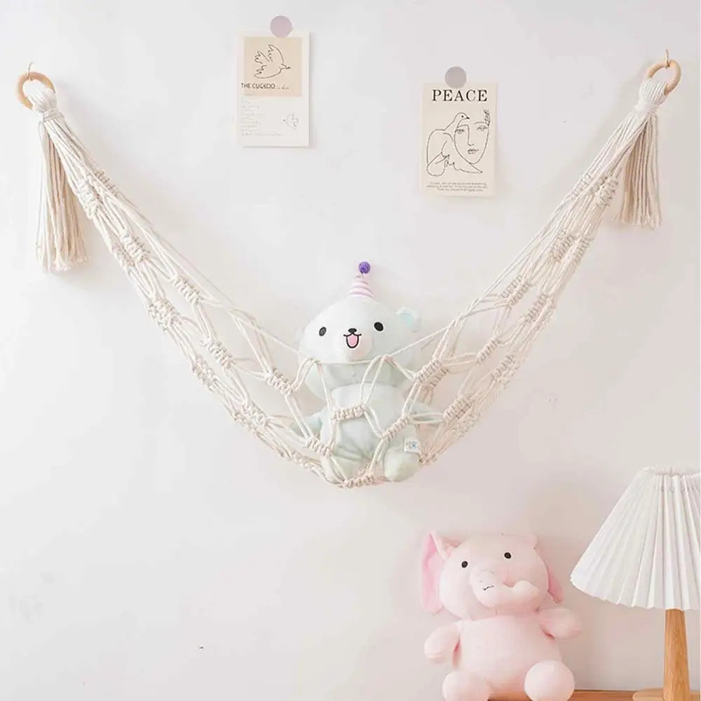 Boho Bohemia Net Organizer With Hooks Bohemian Stuffed Animal Nursery Kids Bedroom Large Capacity Mesh Space Saving Playroom Triangle Toy Hammock Natural beige wall hanging hammocks