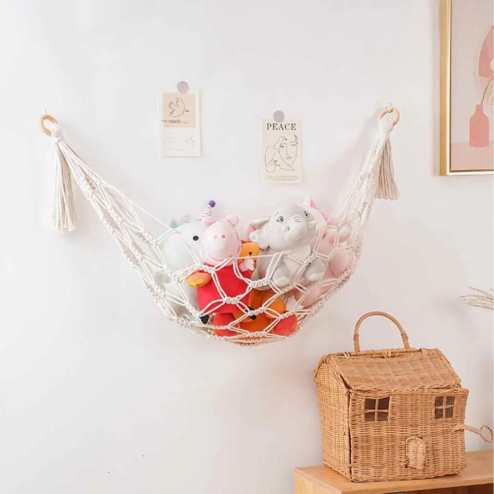 Boho Bohemia Net Organizer With Hooks Bohemian Stuffed Animal Nursery Kids Bedroom Large Capacity Mesh Space Saving Playroom Triangle Toy Hammock Natural beige wall hanging hammocks