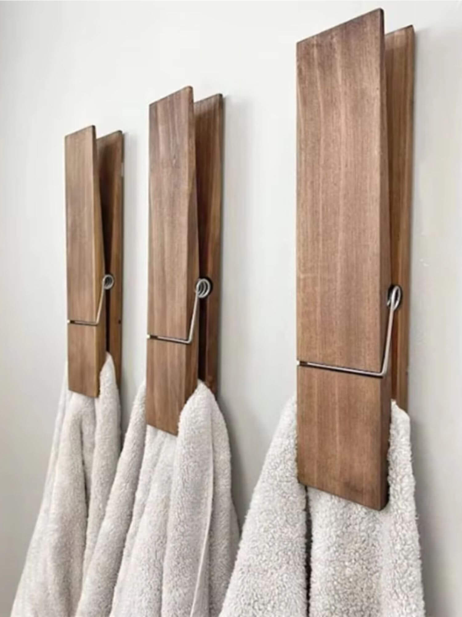 Giant Wooden Towel Clip   Decorative wood clothespin rack for Bathroom, Hook accessories Towels clips racks Large clothespins with easy-grip Velcro wall mount hooks
