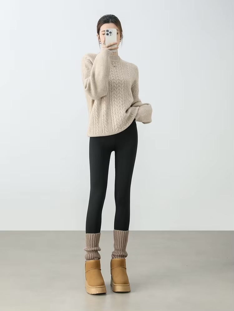 Slim Fit Leggings     Women’s high rise elastic waist honeycomb hip lift thick beige fleece lined Knit Pencil pants for woman in black Female womens basic spring petite-, tall-, plus-, size commute fashion office wfh workwear knitted clothing #W44K58691