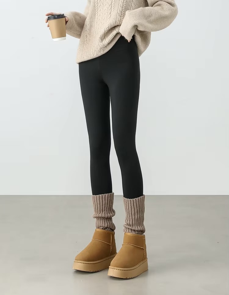 Slim Fit Leggings     Women’s high rise elastic waist honeycomb hip lift thick beige fleece lined Knit Pencil pants for woman in black Female womens basic spring petite-, tall-, plus-, size commute fashion office wfh workwear knitted clothing #W44K58691