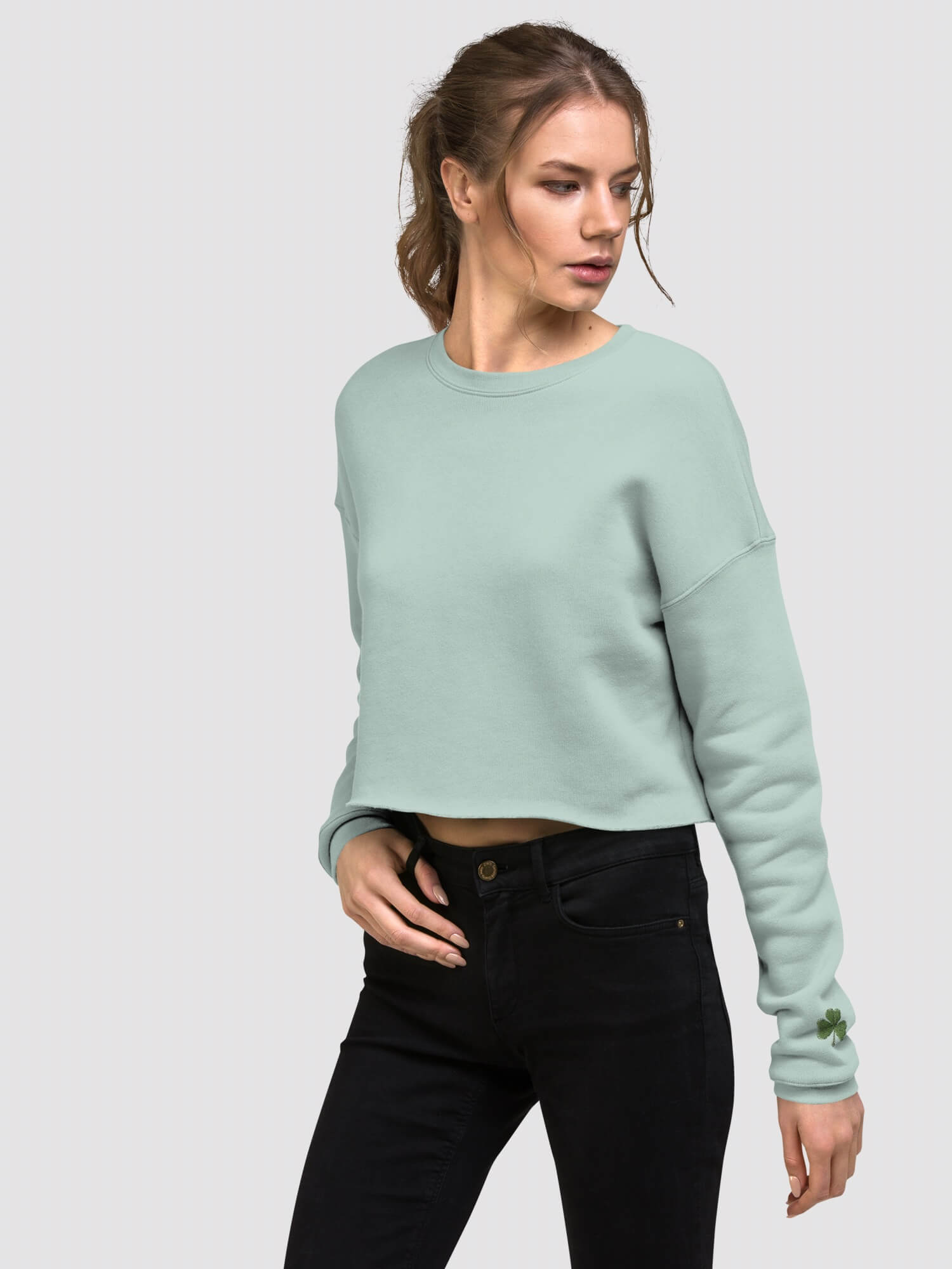 Cropped Shamrock Sweatshirt  Women’s long sleeves with embroidered Irish shamrocks and crewneck crop sweatshirts for woman in light green Womens round crew neck tops Ireland streetwear  with traditional embroidery pattern