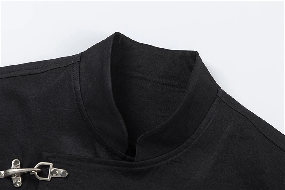 Women's woman womens petite-, tall-, plus-, size Chinese style mandarin collar long sleeves with turn-up cuffs, metal irregular diagonal styled latch button lock close slit side pockets Oversize clothing Trend external clothes Jackets Blazer outwear Fashion outerwear in black with white accent