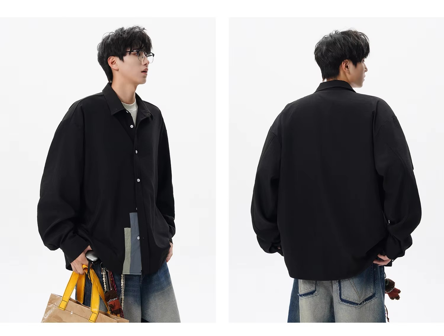 Men’s man mens petite-, tall-, plus-, size Trending Light Travel Streetwear Trendy Spring Summer Fall Autumn Turn-down collar patchwork long sleeves Easy Street Shirt Tops Shirts in black