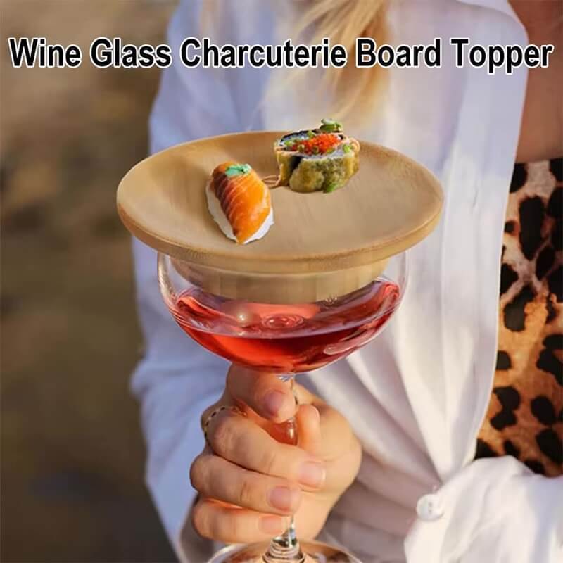 Mini Bamboo Wooden Glassware Tray Cover, Cheese serving for wine tumbler glasses, Charcuterie cups, mugs and glassware topper Utensils Trays accessory in natural light brown wood color