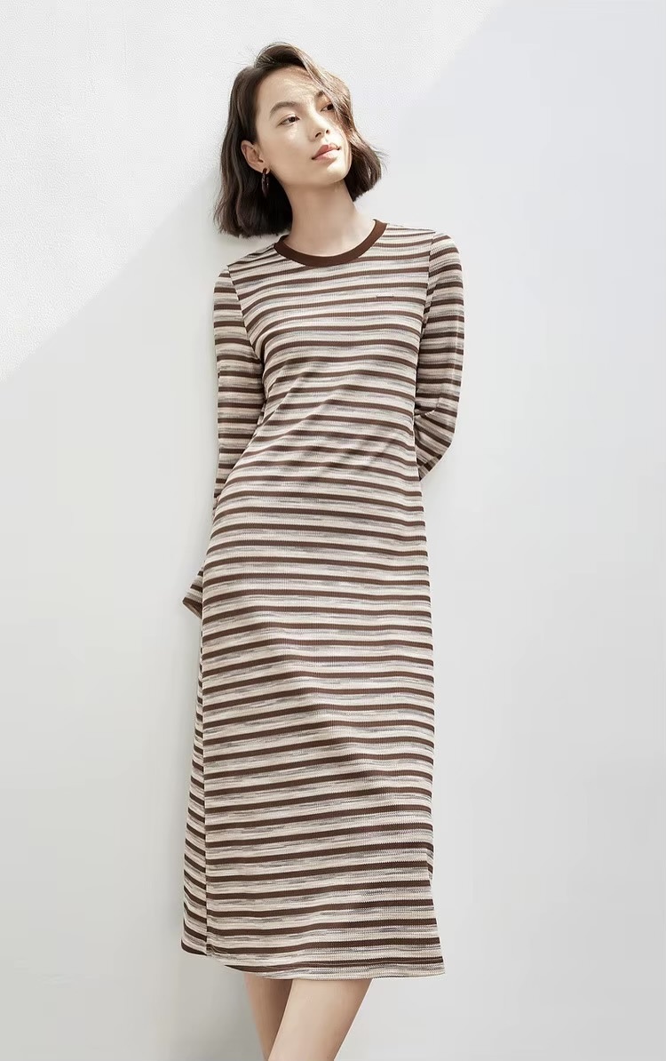 Spliced Crewneck Dress    Women’s retro french look striped round crew neck collar long sleeves mid-length mid-calf dresses for woman in multi brown stripes Ladies SENTUBILA womens O-neck Fall Autumn Spring fashion petite-, tall-, plus-, size vacation getaway holiday party workwear office wfh style  #143L56535