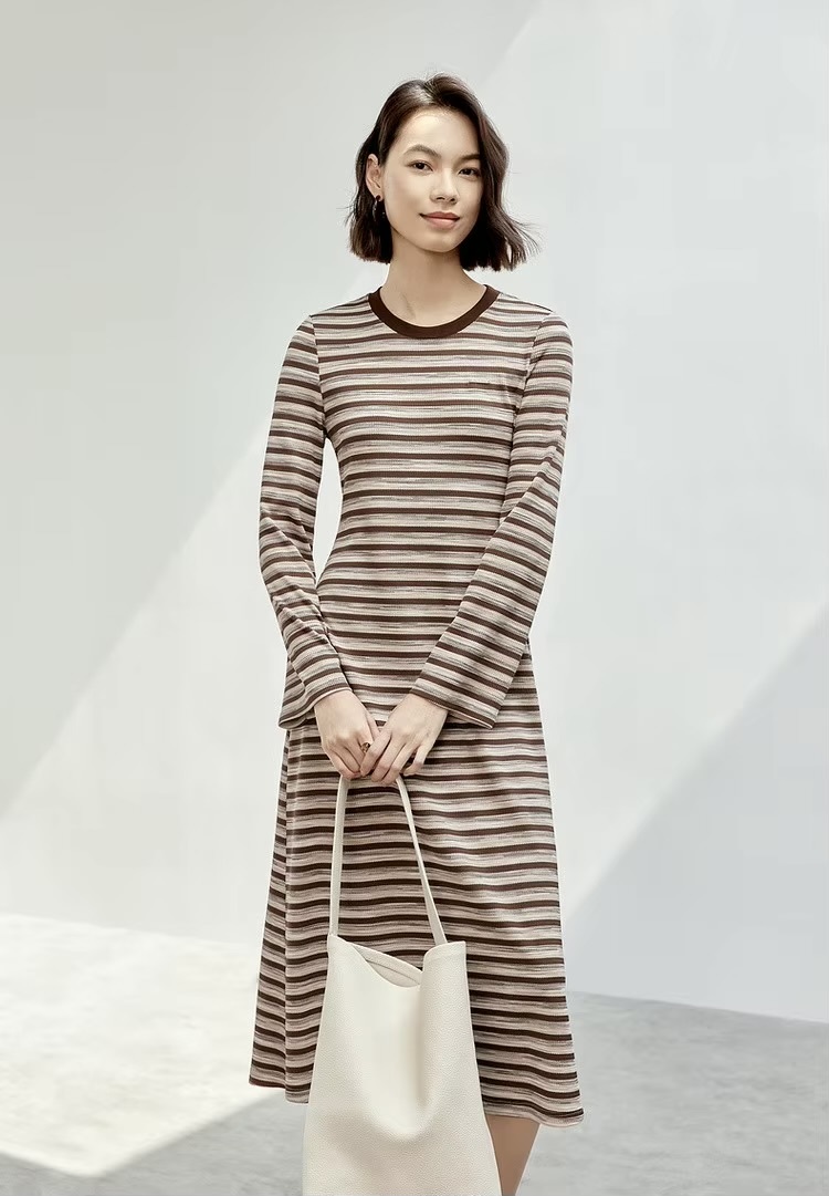 Spliced Crewneck Dress    Women’s retro french look striped round crew neck collar long sleeves mid-length mid-calf dresses for woman in multi brown stripes Ladies SENTUBILA womens O-neck Fall Autumn Spring fashion petite-, tall-, plus-, size vacation getaway holiday party workwear office wfh style  #143L56535
