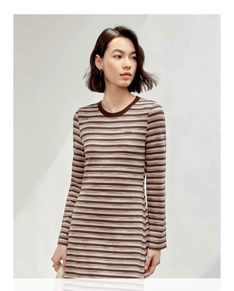 Spliced Crewneck Dress    Women’s retro french look striped round crew neck collar long sleeves mid-length mid-calf dresses for woman in multi brown stripes Ladies SENTUBILA womens O-neck Fall Autumn Spring fashion petite-, tall-, plus-, size vacation getaway holiday party workwear office wfh style  #143L56535
