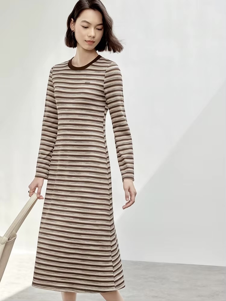 Spliced Crewneck Dress    Women’s retro french look striped round crew neck collar long sleeves mid-length mid-calf dresses for woman in multi brown stripes Ladies SENTUBILA womens O-neck Fall Autumn Spring fashion petite-, tall-, plus-, size vacation getaway holiday party workwear office wfh style  #143L56535