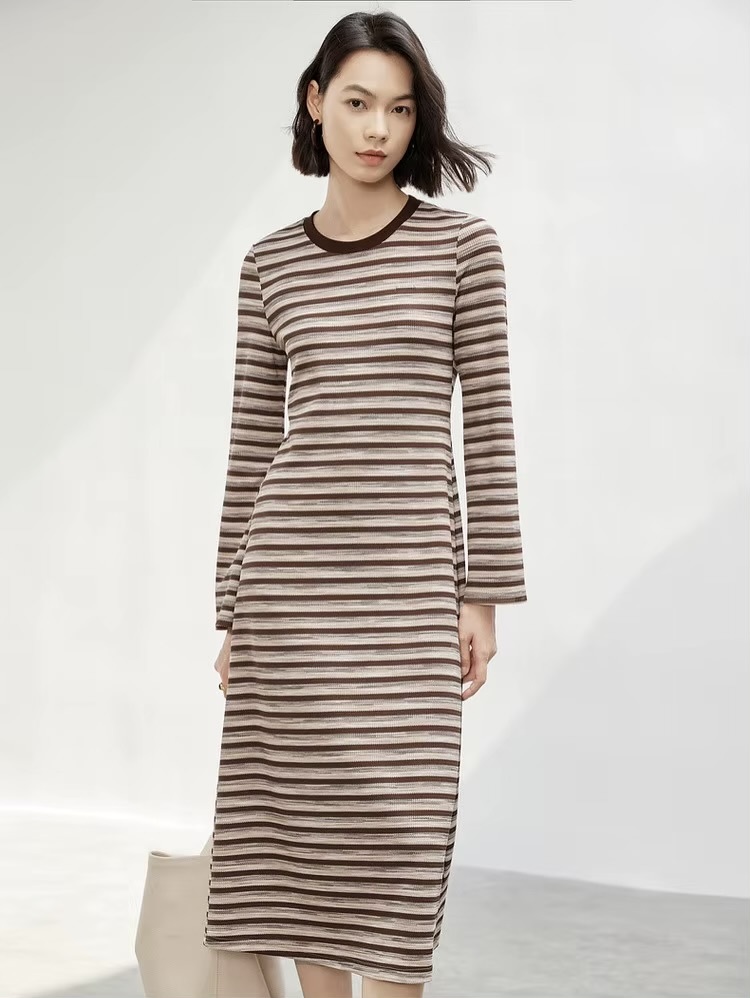 Spliced Crewneck Dress    Women’s retro french look striped round crew neck collar long sleeves mid-length mid-calf dresses for woman in multi brown stripes Ladies SENTUBILA womens O-neck Fall Autumn Spring fashion petite-, tall-, plus-, size vacation getaway holiday party workwear office wfh style  #143L56535