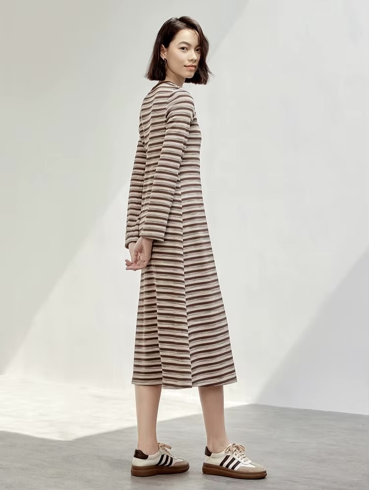 Spliced Crewneck Dress    Women’s retro french look striped round crew neck collar long sleeves mid-length mid-calf dresses for woman in multi brown stripes Ladies SENTUBILA womens O-neck Fall Autumn Spring fashion petite-, tall-, plus-, size vacation getaway holiday party workwear office wfh style  #143L56535
