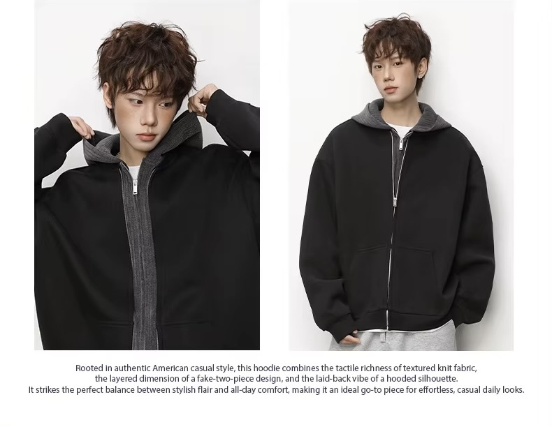 Men&rsquo;s man mens petite-, tall-, plus-, size Trending Light Travel Workwear Streetwear Trendy Spring Summer Fall Autumn cotton Knitted Patched Double zipper close Pullover Heavyweight American Casual fitness sportswear hooded Bomber Jacket Outerwear coat outdoor camping Outwear Jackets in black with dark gray accent