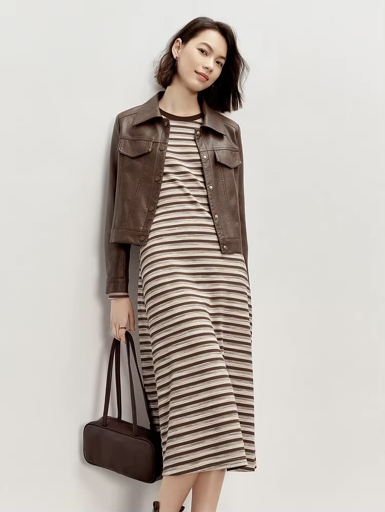 Spliced Crewneck Dress    Women’s retro french look striped round crew neck collar long sleeves mid-length mid-calf dresses for woman in multi brown stripes Ladies SENTUBILA womens O-neck Fall Autumn Spring fashion petite-, tall-, plus-, size vacation getaway holiday party workwear office wfh style  #143L56535