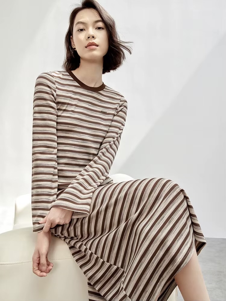 Spliced Crewneck Dress    Women’s retro french look striped round crew neck collar long sleeves mid-length mid-calf dresses for woman in multi brown stripes Ladies SENTUBILA womens O-neck Fall Autumn Spring fashion petite-, tall-, plus-, size vacation getaway holiday party workwear office wfh style  #143L56535