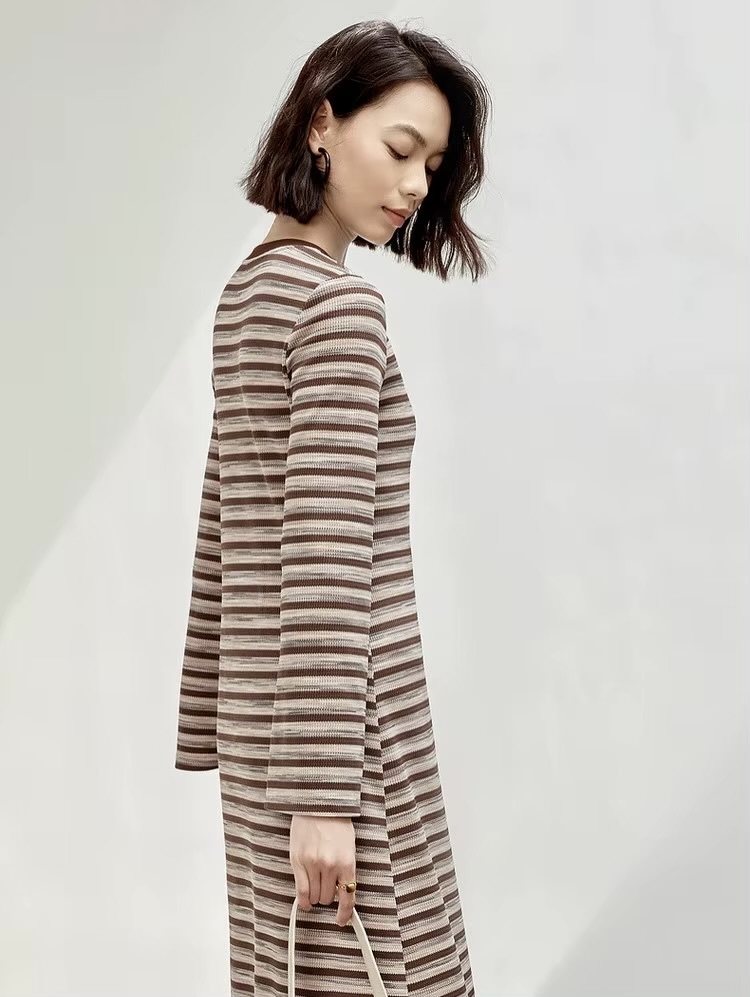 Spliced Crewneck Dress    Women’s retro french look striped round crew neck collar long sleeves mid-length mid-calf dresses for woman in multi brown stripes Ladies SENTUBILA womens O-neck Fall Autumn Spring fashion petite-, tall-, plus-, size vacation getaway holiday party workwear office wfh style  #143L56535