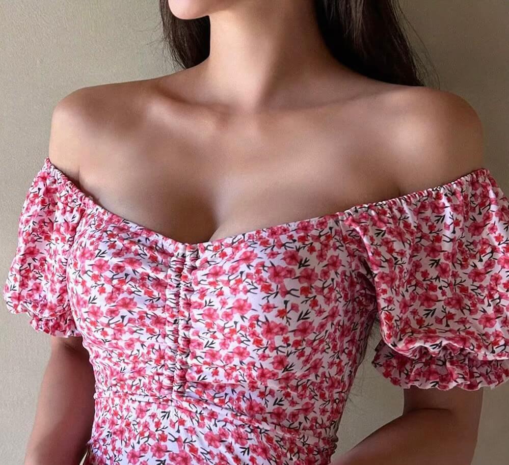 Women&rsquo;s woman womens petite-, tall-, plus-, size retro Korean Style Floral flowers One Piece Sexy Boatneck round O-neck padded short sleeves with puff shoulders High-rise waist Monokini holiday vacation getaway contrast waist band BeachWear Swimsuit Bathing Suit Swimwear in pink, with multi