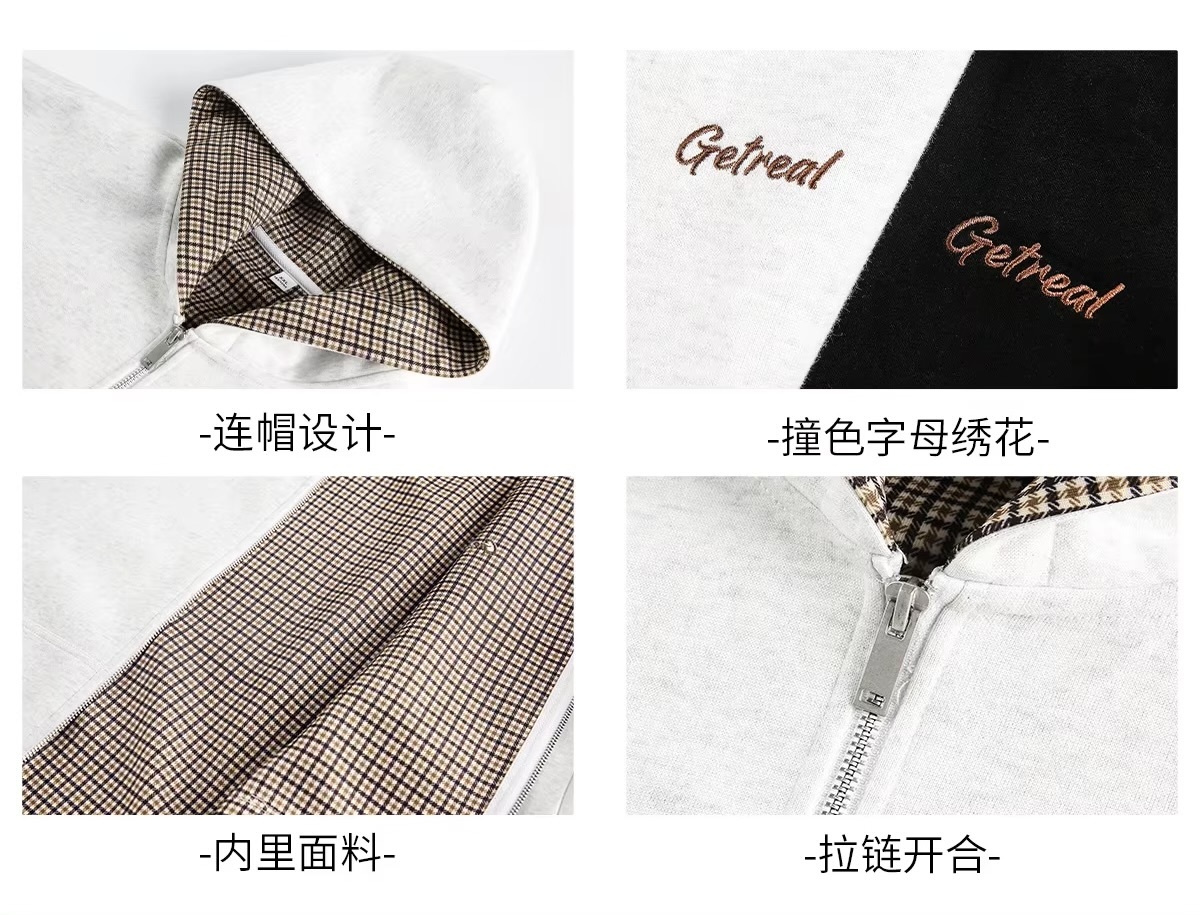 Men’s man mens petite-, tall-, plus-, size Trending Light Travel Workwear Streetwear Trendy Spring Summer Fall Autumn cotton Knitted Patched “Getreal” Letter embroidered embroidery logo zipper close Pullover Heavyweight American Casual faux-layered fitness sportswear contrasting hooded design with a plaid pattern Bomber Jacket Outerwear coat outdoor camping Outwear Jackets in black-, white-, with dark gray accent