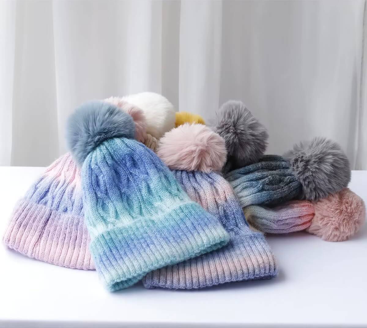 Women’s woman womens Winter multicolour Knitting Fur Pompom Thick Plush Cap Beanie Solid Color Ladies Warm Ski Snow Skullies Beanies hats in Yellow, multi, Dark blue, multi, Gray, multi, Cerium Blue, multi, Pink, multi, Cream, multi, Yellow Brown, multi color