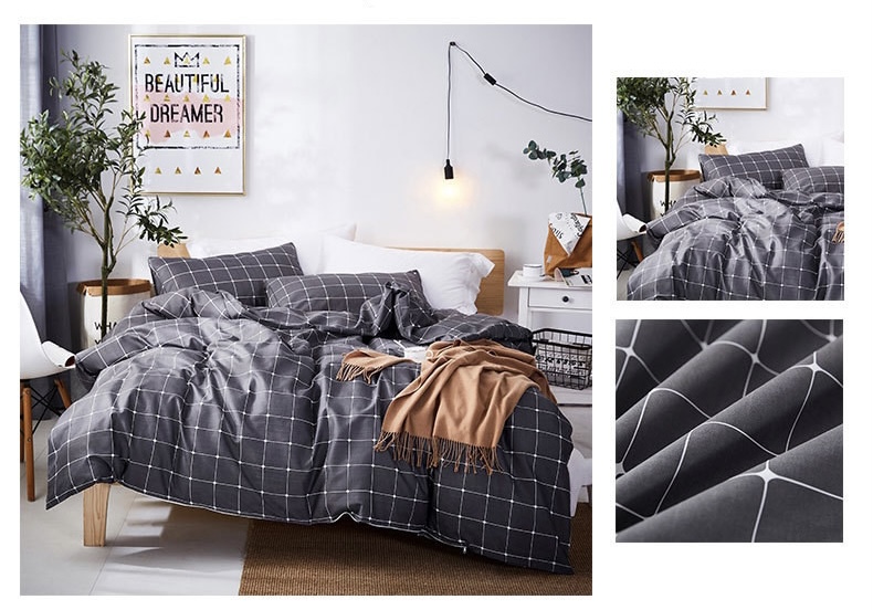 Modern Bedding Set   3/4pcs Geometric Grid Printing with Bed Sheet Comforter Pillow case Duvet Cover Sets in Dark Gray grey White squares