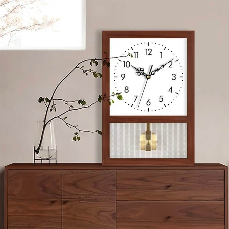 Vintage Japanese classic Retro Solid Wood pendulum Household Living Room Bedroom Square Art Deco Table Decoration Rocking Wall hanging or desk wooden Clocks Home Decoration in light natural wood color with clear-, square-, ribbed-, frosted-, pendulum glass