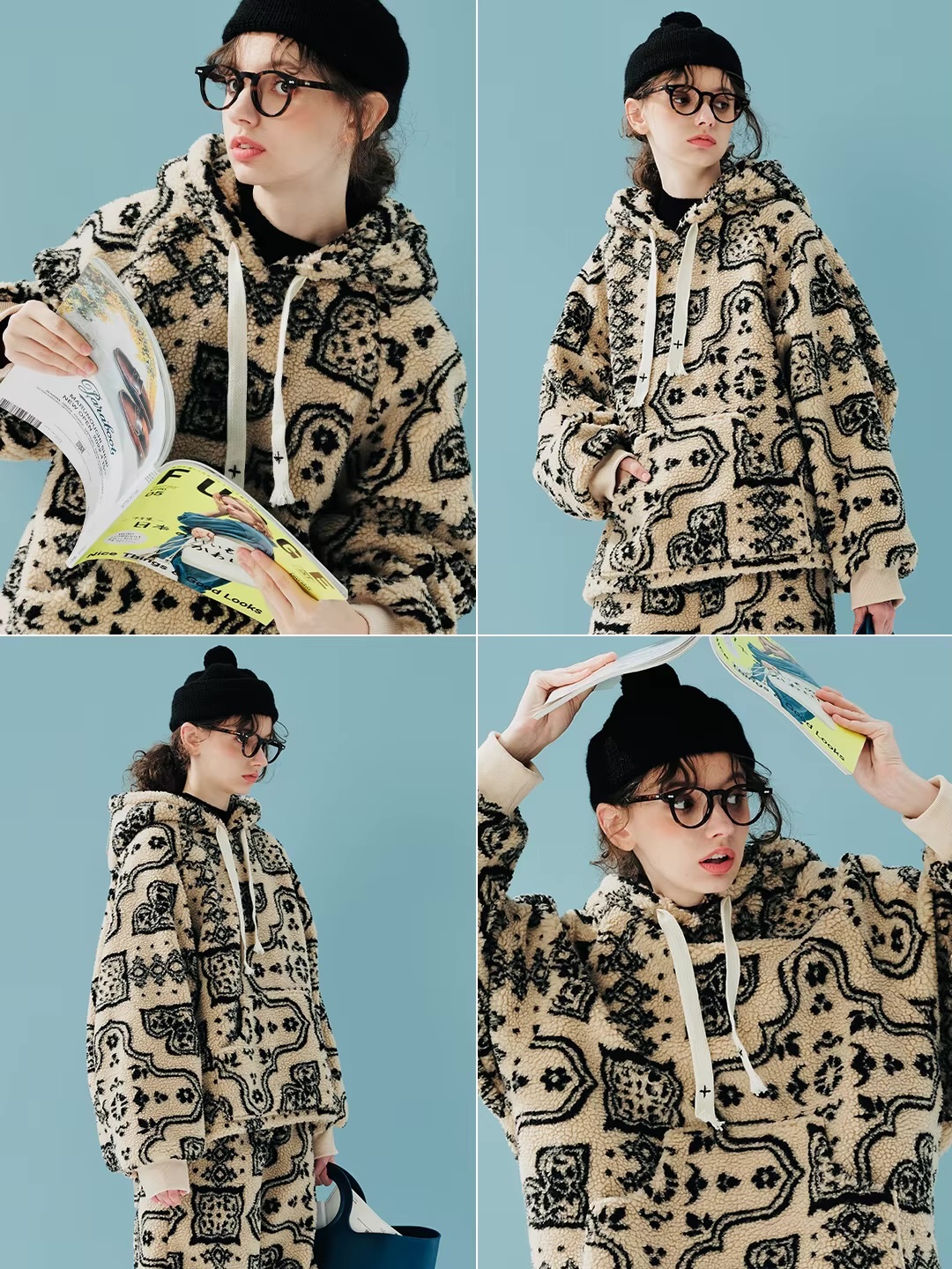 Fleece Hoodie beige  Women’s Japanese luxurious lamb-fleece thick and warm loose drawcord hooded long sleeves kanga pouch sweaters for woman in light-tan beige-brown hoodies Fall Autumn Winter Spring ethic geo-pattern design sweatshirts fashion the miteigi Ultra LUX collection also available in black #244890