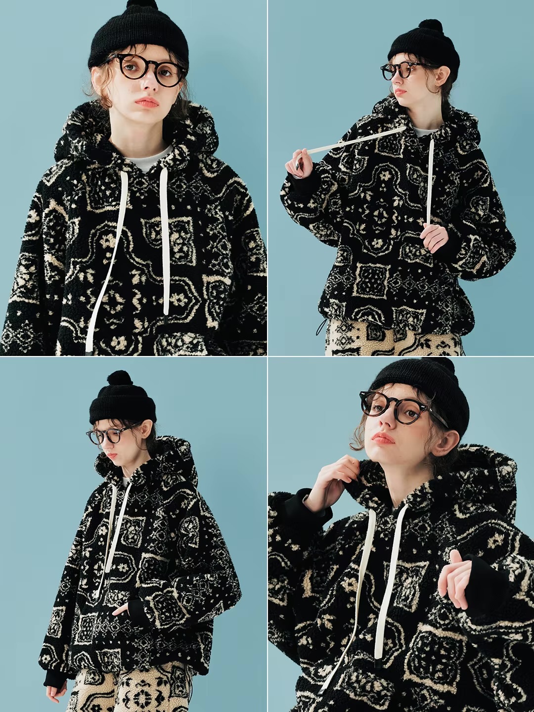 Fleece Hoodie black  Women’s Japanese luxurious lamb-fleece thick and warm loose drawcord hooded long sleeves kanga pouch sweaters for woman in light-tan beige-brown hoodies Fall Autumn Winter Spring ethic geo-pattern design sweatshirts fashion the miteigi Ultra LUX collection also available in beige #244890