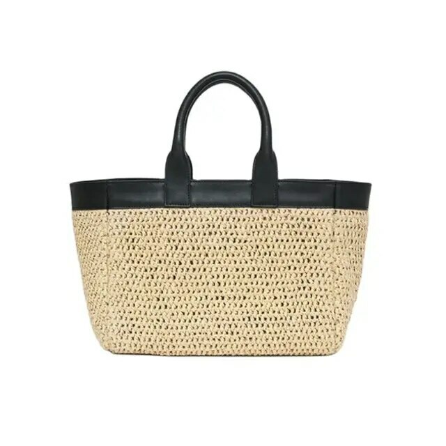 Straw Beach Bag  Women’s @NINE*BING COMO Logo Embroidery Large Capacity Tote Hollow Out Black Strap Female Fashion One Shoulder womens Bags Luggage for woman in khaki tan beige Holiday vacation getaway accessories 