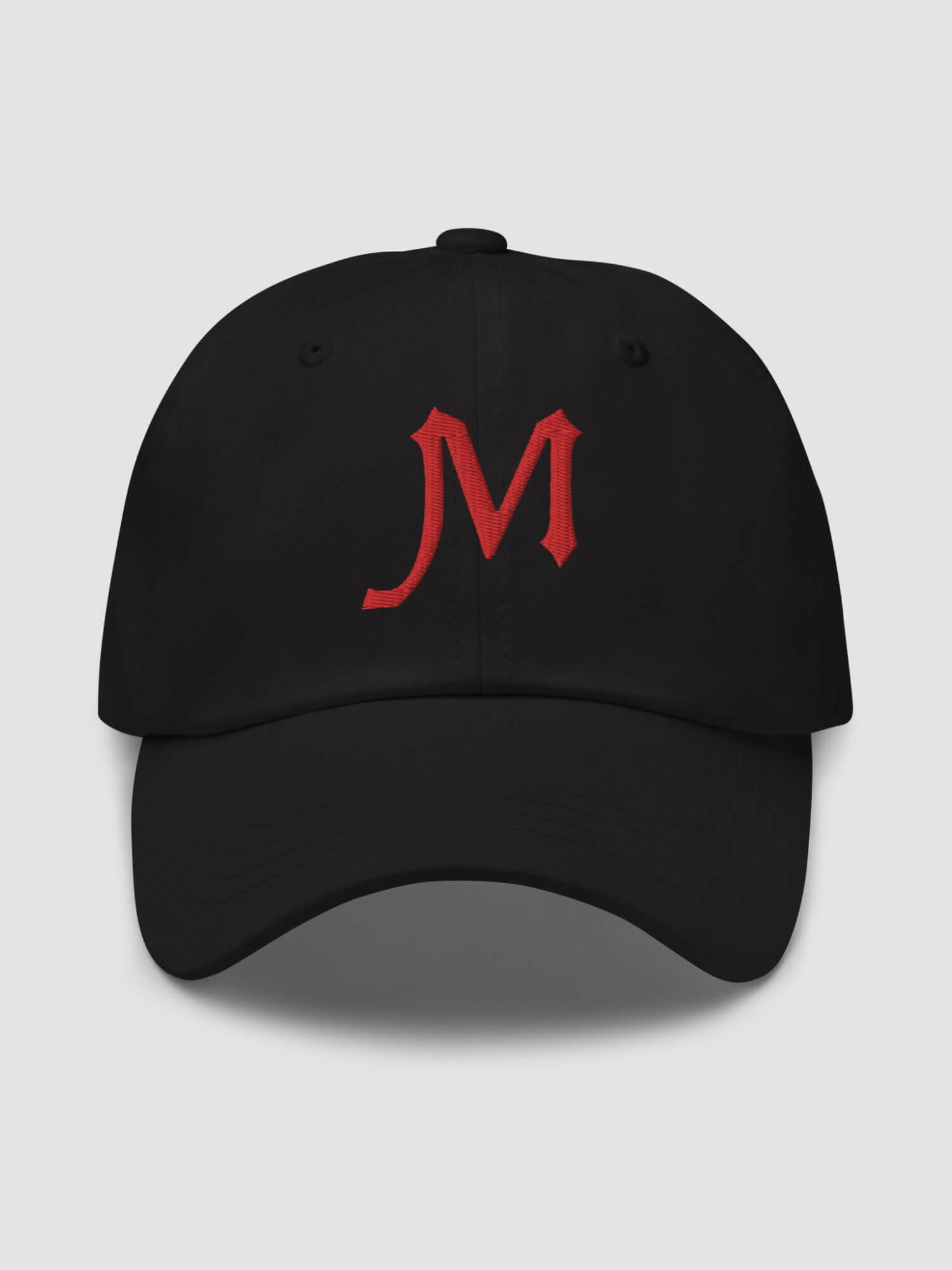 miteigi M Logo Dad Hat black   Genderful Women’s Men’s anywear Fitness Sports Activewear M-Letter miteigi-logo Branded product item gym yoga unisex baseball caps for woman man in goth black with platinum red letters Mens Womens punkrock gothic punk headwear hats