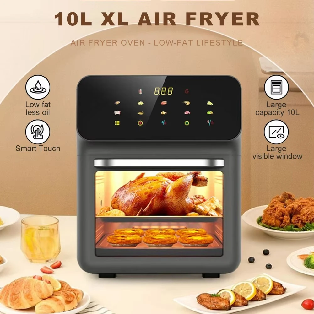 Multifunctional 10L Air Fryer Large Capacity Electric Oven Household kitchen Non-stick Pan Touch Screen Visual 10 Presets Guided Cooking 10L fryers in dark Gray grey with black
