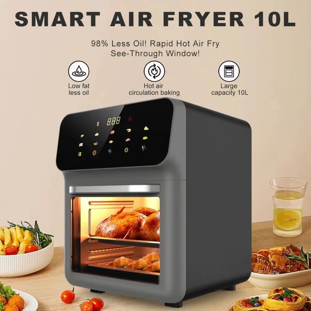 Multifunctional 10L Air Fryer Large Capacity Electric Oven Household kitchen Non-stick Pan Touch Screen Visual 10 Presets Guided Cooking 10L fryers in dark Gray grey with black