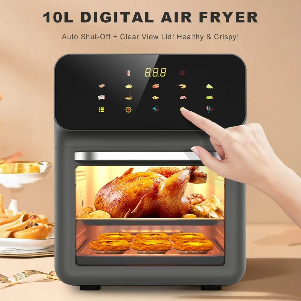 Multifunctional 10L Air Fryer Large Capacity Electric Oven Household kitchen Non-stick Pan Touch Screen Visual 10 Presets Guided Cooking 10L fryers in dark Gray grey with black